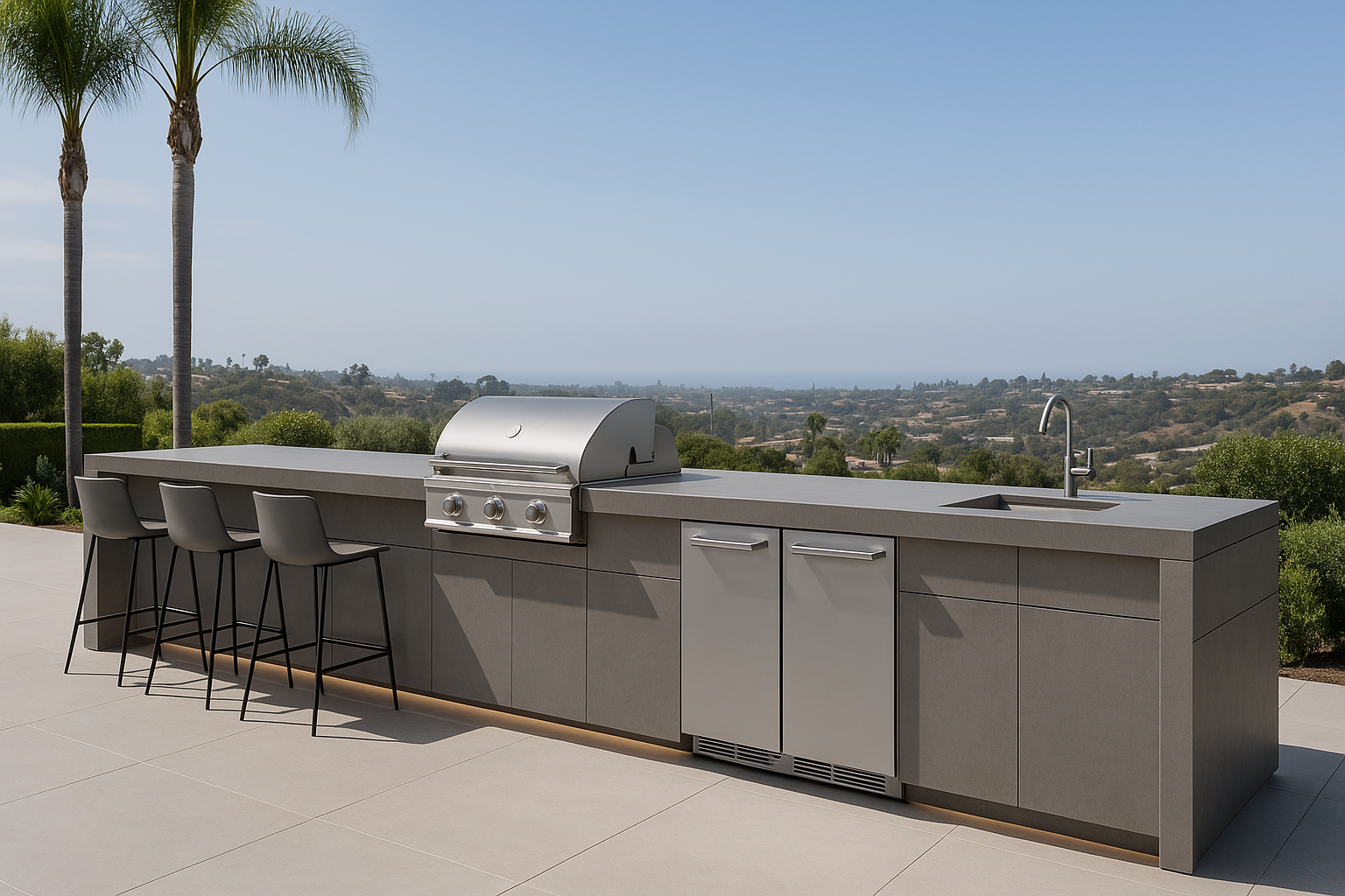 Outdoor kitchen with built-in grill and stone walls