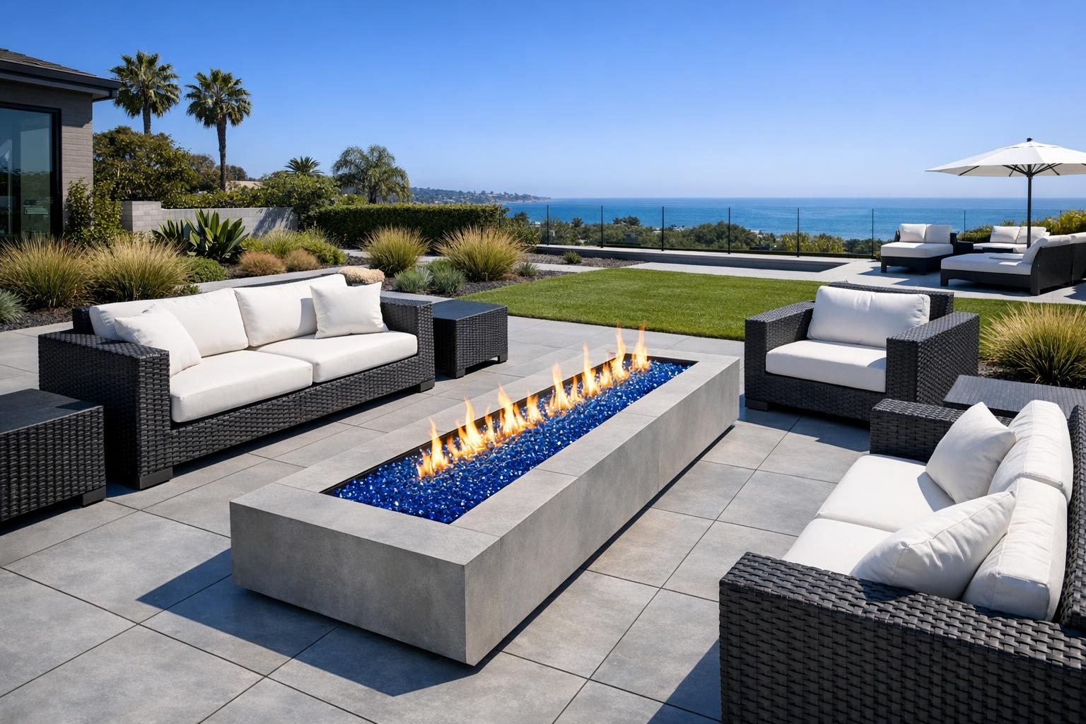 Paver patio with fire pit and seating wall