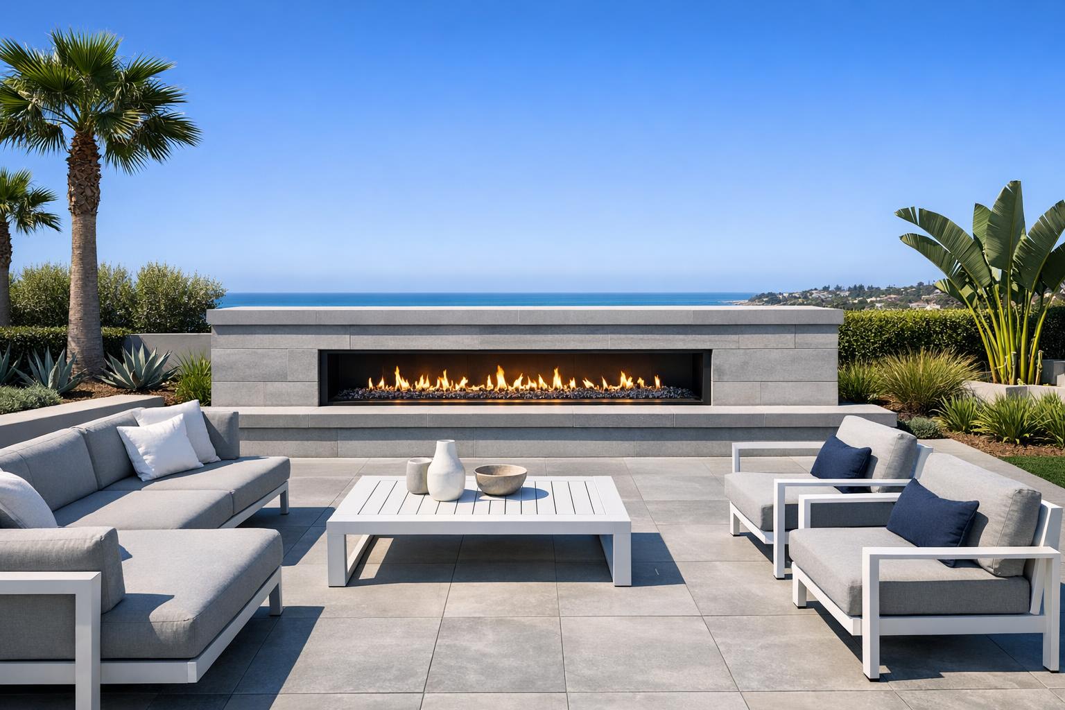 Coastal patio with outdoor fireplace