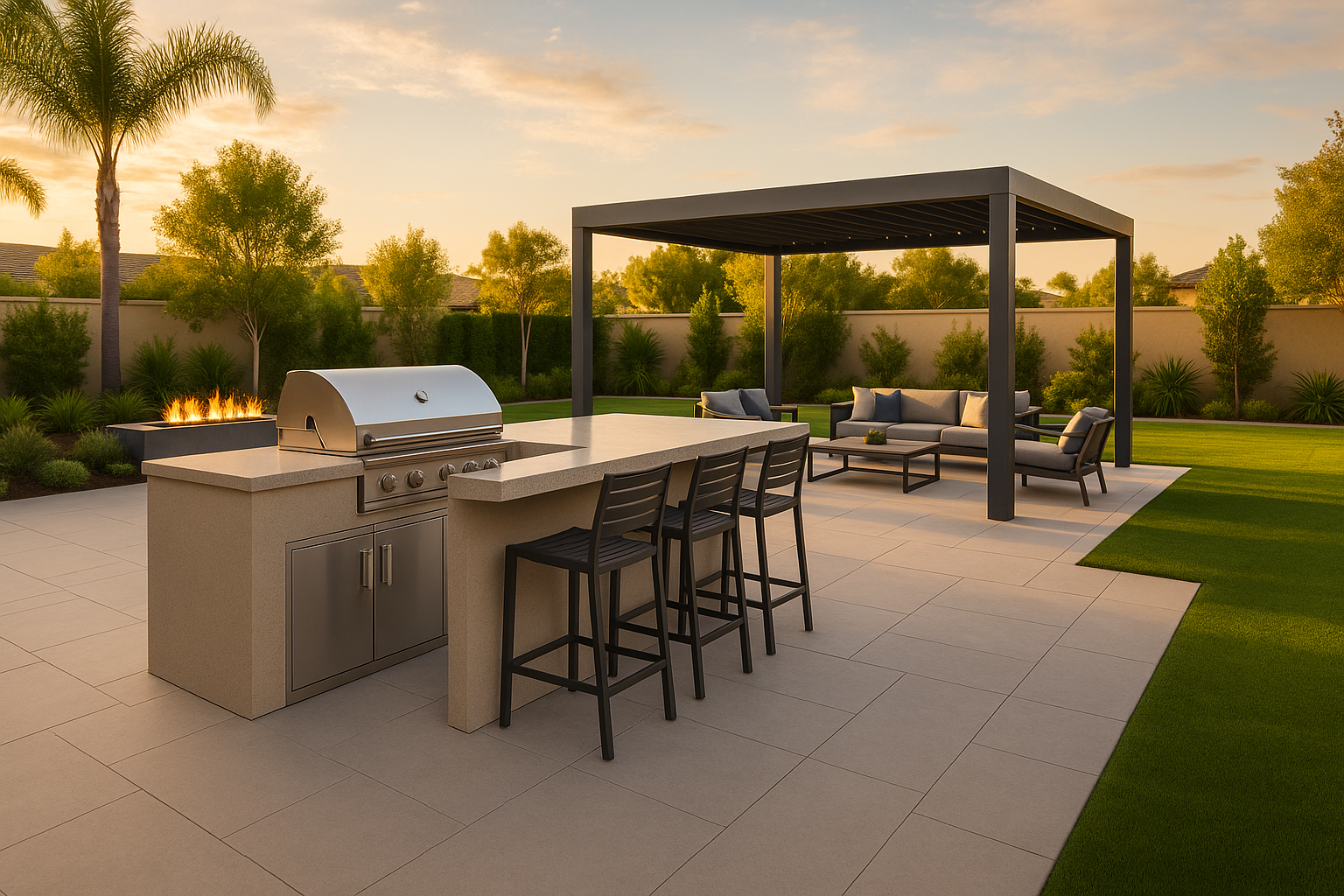 Luxury outdoor kitchen integrated with pool and patio in San Diego backyard